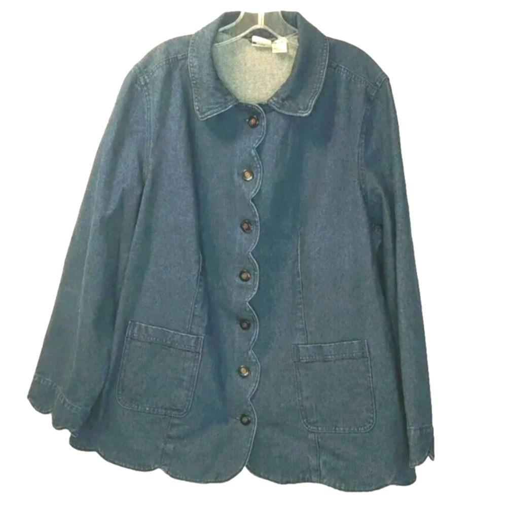 Roaman's Blazer Jean Jacket Blue Denim Boho Southwest Scalloped Hem Button 3X/22